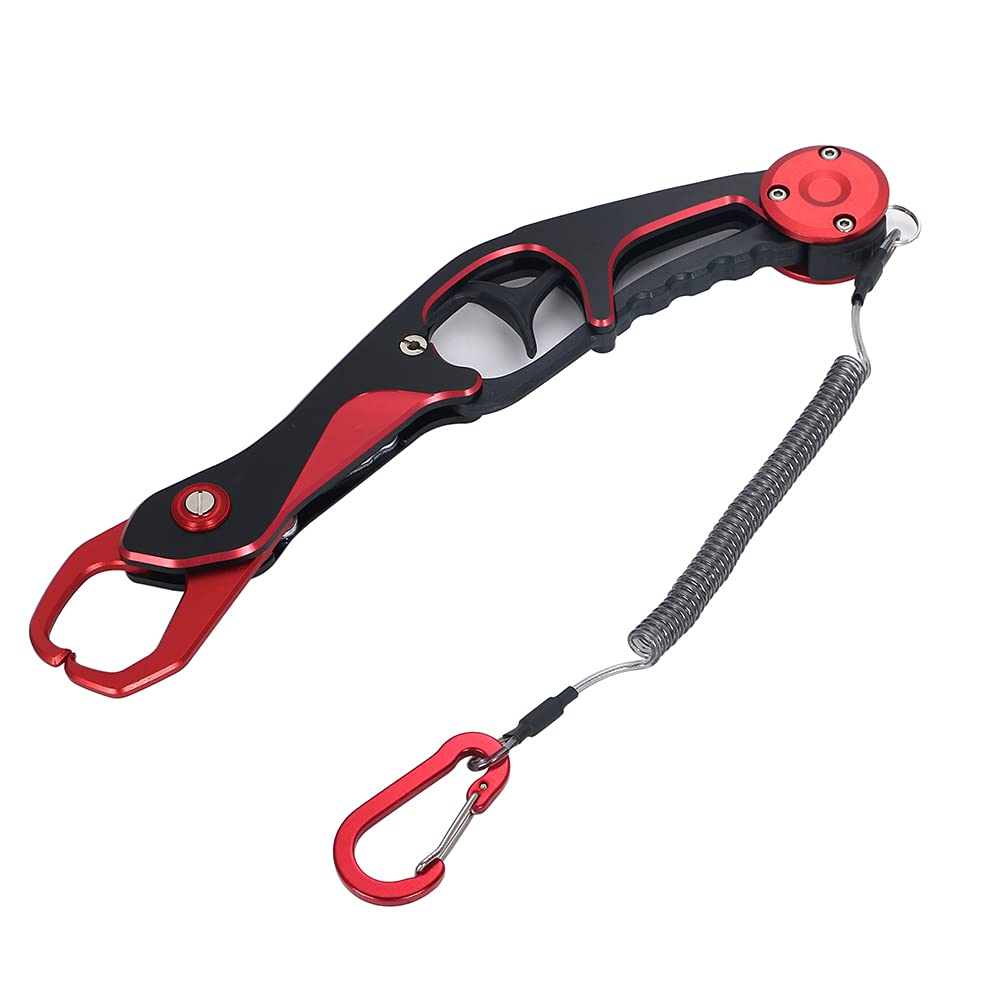 Fish Grip Fish Catcher, Ultra-Lightweight Aluminum Fish Grabber with Safety Rope (Red)