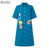 ZANZEA Women Summer Turn Down Collar Casual Short Sleeve Print Shirt Dress