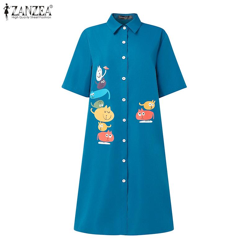 ZANZEA Women Summer Turn Down Collar Casual Short Sleeve Print Shirt Dress