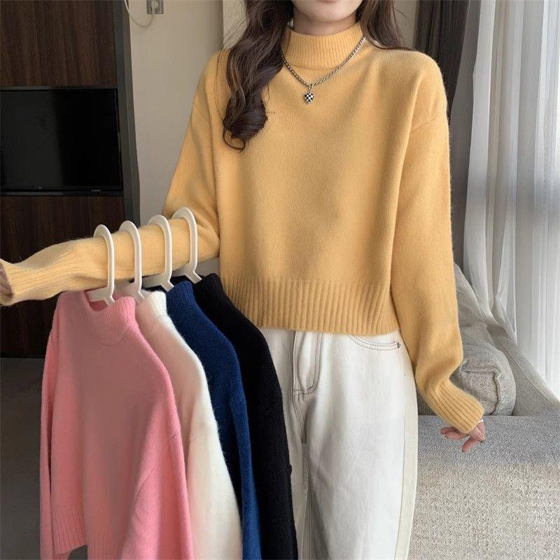 

Women s Thickened Solid Color Semi-High Neck Winter Sweater Top One Size