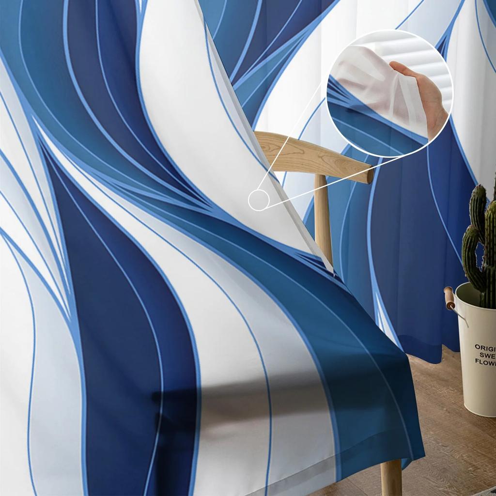 Dark Blue Ripples Lines Sheer Voile Curtains for Bedroom Window Holiday Decoration Transparent Tulle