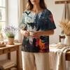 Women Casual Short Sleeve Henley Shirt Cotton Linen Blend Halloween Print Front Pocket Button Neck Blouse