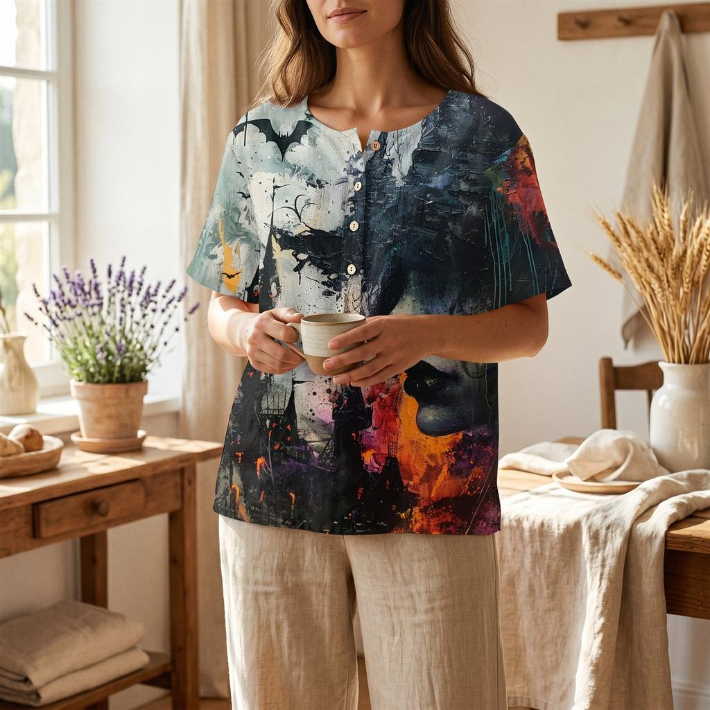 Women Casual Short Sleeve Henley Shirt Cotton Linen Blend Halloween Print Front Pocket Button Neck Blouse