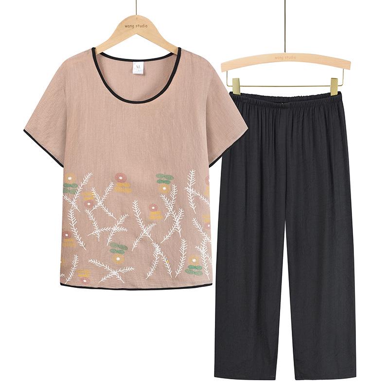 Seturi de vară din bumbac și in, din două piese, pentru femei cu vârsta între 60-70 de ani - Mânecă scurtă