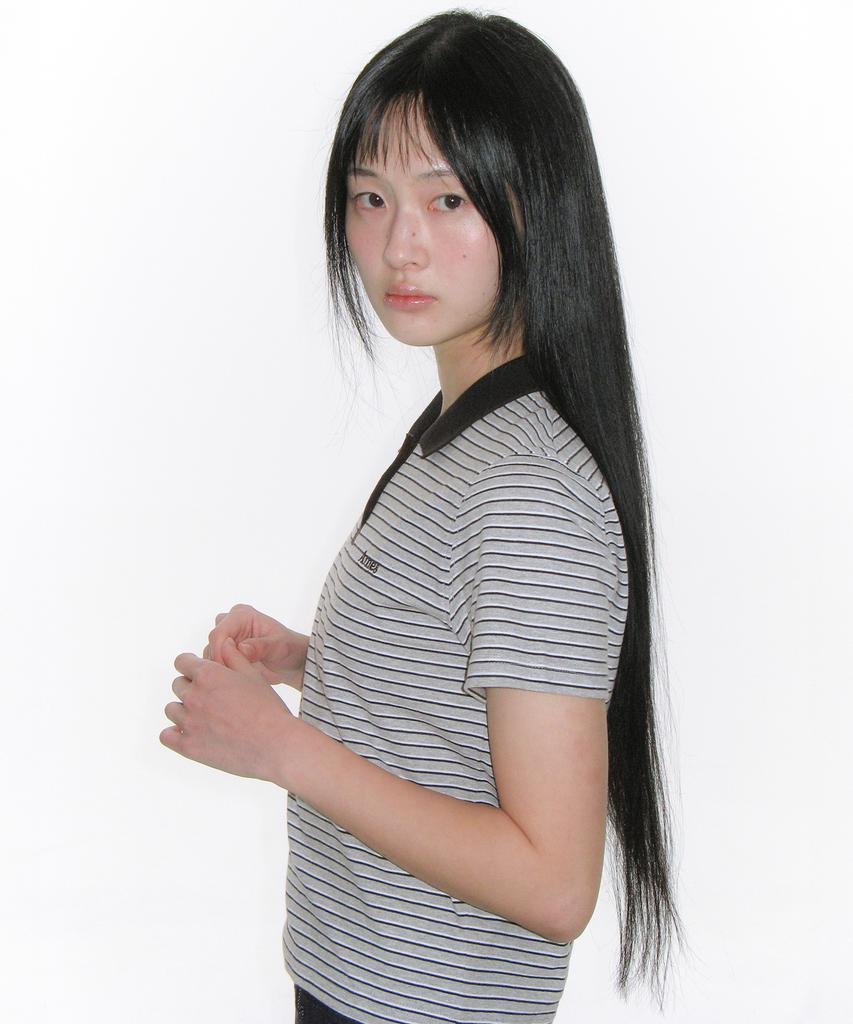 AMES-WORLDWIDE Basic Stripe Collar Tee Gray
