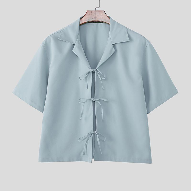

INCERUN Oversized Men Casual Lapel Neck Short Sleeve Bow Knot Solid Color Shirts Tops 5XL синий