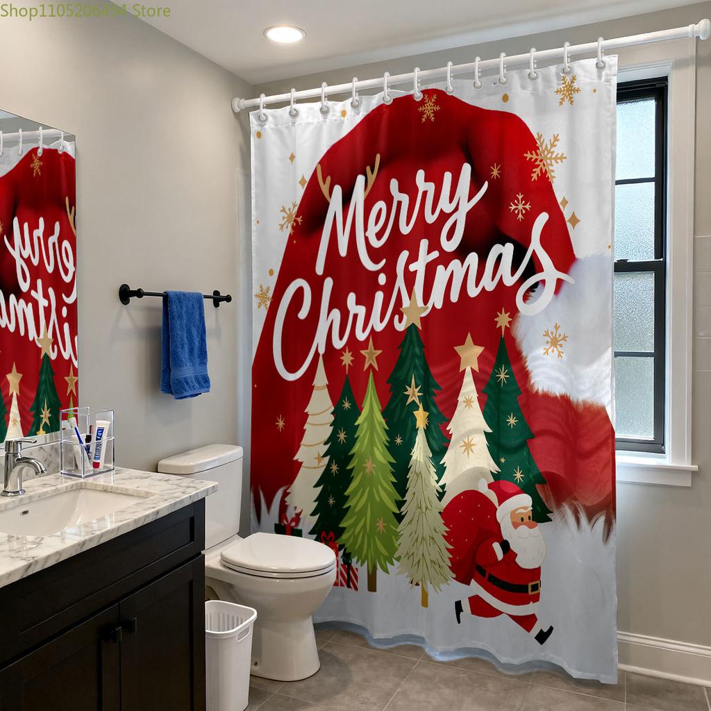 1pc Merry Christmas, Christmas Tree Printed Waterproof Shower Curtain, Privacy Hanging Curtain with 12 Hooks, Multiple Sizes