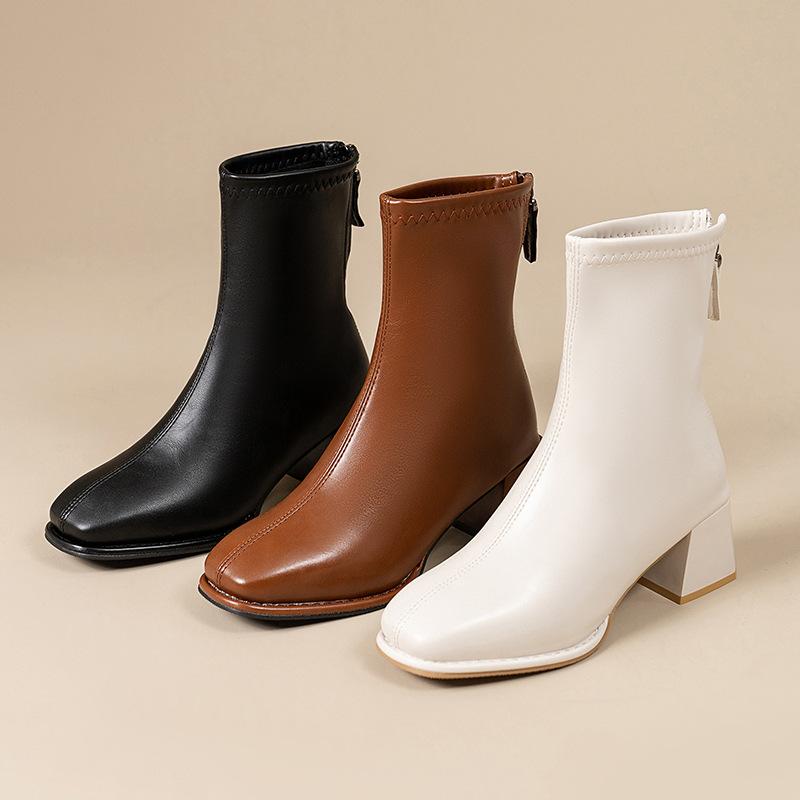 Foreign Trade Autumn and Winter New Square Head Thick Heel Short Boots Rear Zipper Versatile British Style Martin Boots Women's Thin High Heel Leather