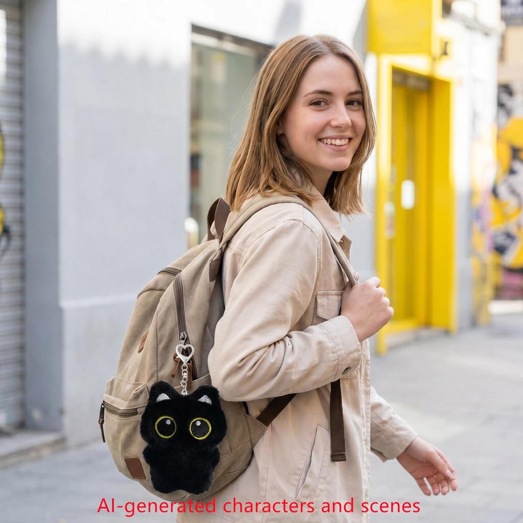 Black Fluffy Black Cat Keychain with Carabiner [HUIJUFU] Heart-Shaped
