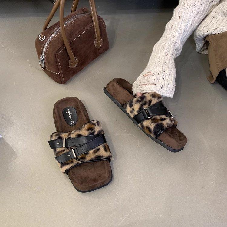 Fashion Flock Open Toe Slippers Women's Shoes Outdoor Slip-on Womens Thick-soled Shoes Hot Selling Leopard Print Women's Slippers