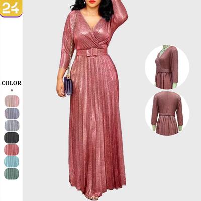 Zima 2025 Cezhraničná dámska móda: Jasnoružové plisované šaty s dlhým rukávom a áčkovou sukňou so zlatou potlačou a opaskom