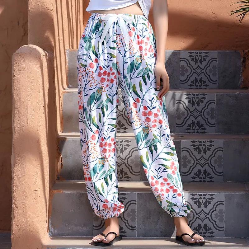 Pantaloni de vară pentru femei, din mătase, din bumbac, anti-țânțari, pentru plajă – pantaloni largi, casual de pijama