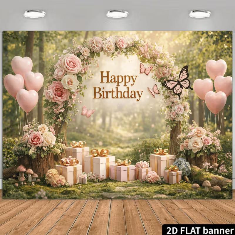 

2D Enchanted Forest Birthday Backdrop with Flowers & Butterflies 47.2x31.5inch/120*80cm