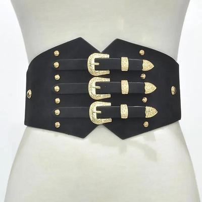 Fashion Women Wide Belt New Metal Buckle Elastic Waistband Leather Rivet Ultra Wide Belt for Women Stretch Thick Waist Dress