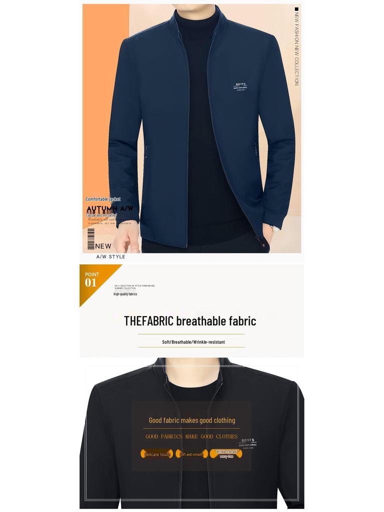 Men's Mid-Aged Spring/Autumn Stand Collar Thin Jacket - Wear-Resistant Trendy Outerwear