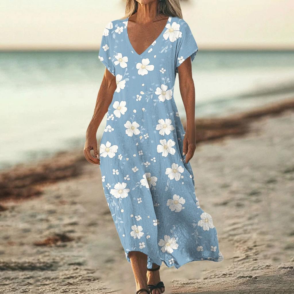 Fashion Women's Summer V-neck Short Sleeve Cotton And Linen Vintage Floral Print Beach Dress