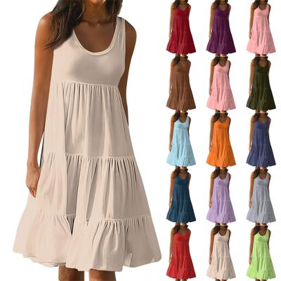 Women's Vest Dresses Summer Spring Pleated Bohemian Dresses Cute Sleeveless Flowing Beach Straight T-Shirt Tank Dresses Round Neck Dresses