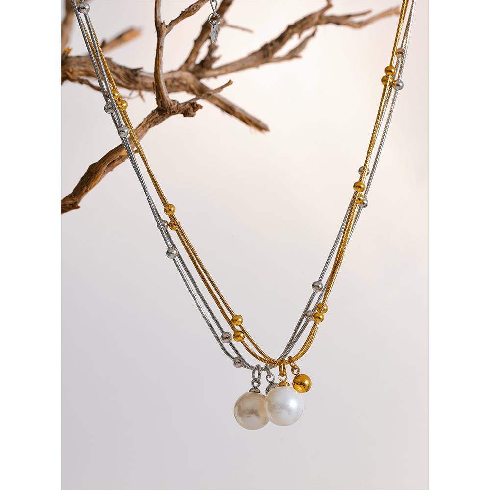 Yhpup Elegant Imitation Pearls Stainless Steel Round Beads Chain Pendant Necklace for Women Gold Silver Color Korean Jewelry