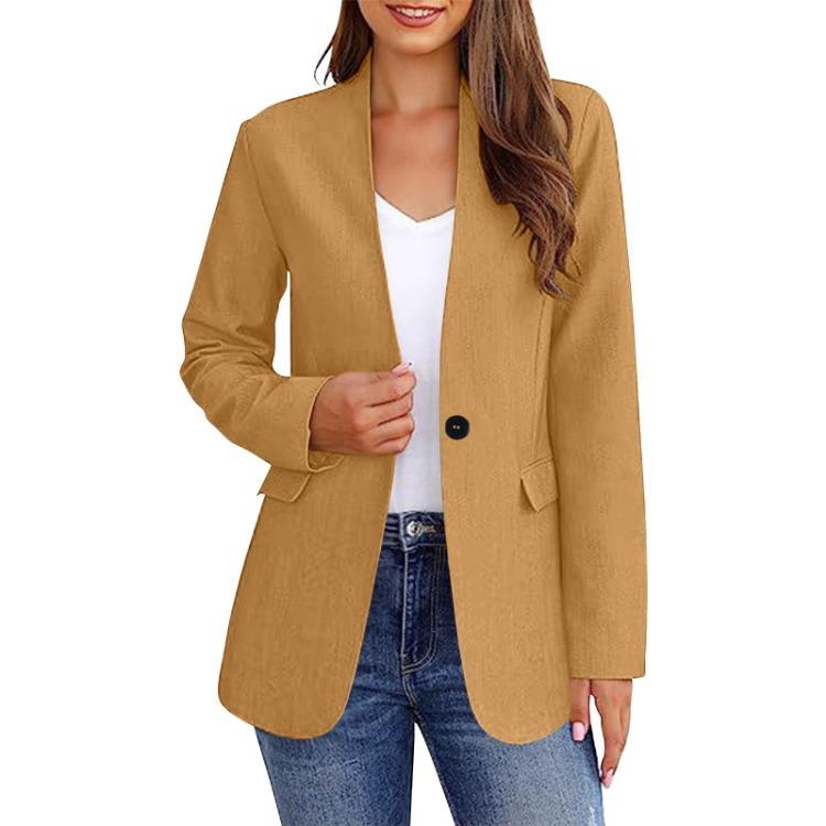 Women Casual Long Sleeve Button Up Jacket Solid Color Suit Collar Temperament Fashion Coat
