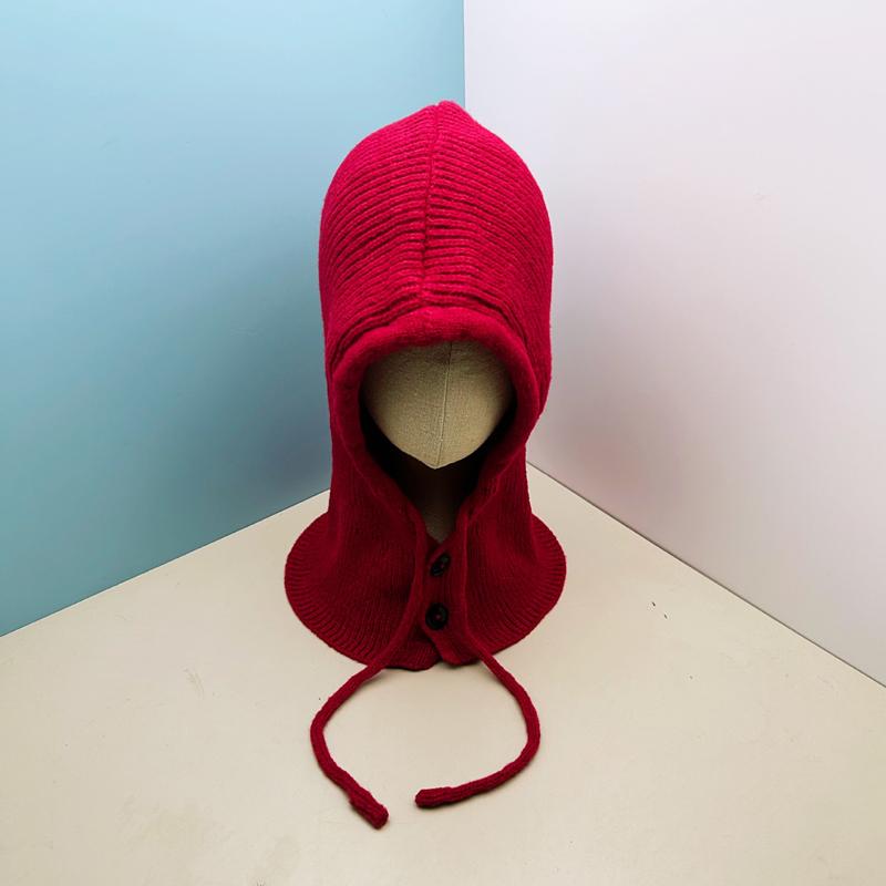 

Solid Color Button Knitted Hat Winter Keep Warm Windproof Hood For Women as the picture