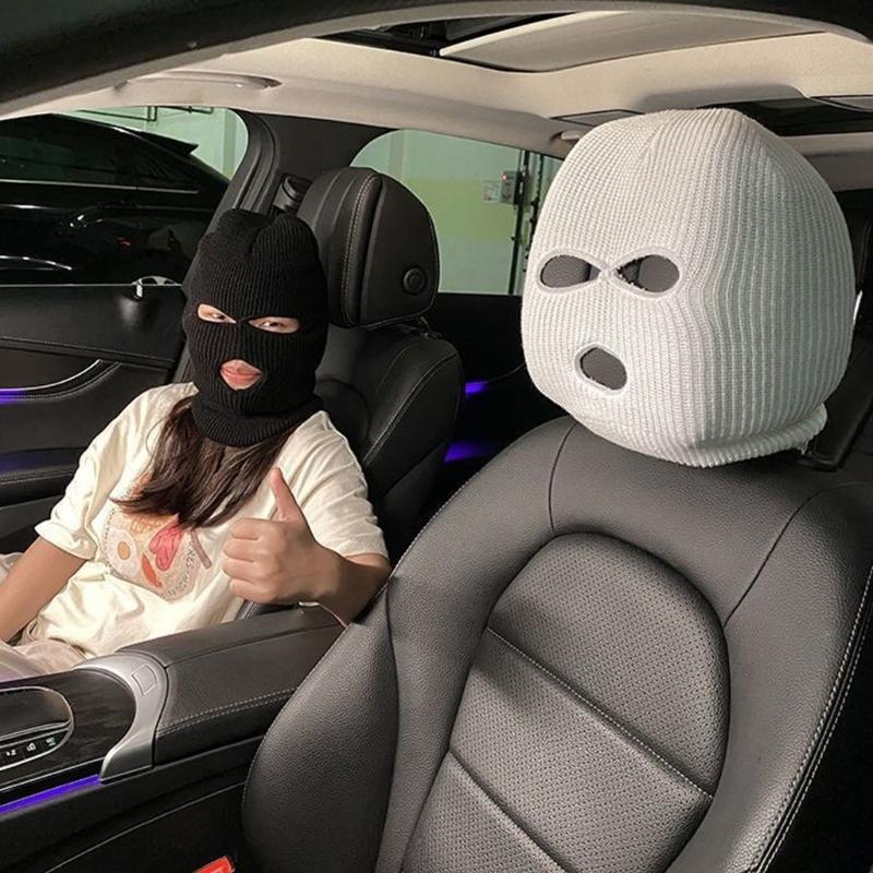 Stretchy Plush Car Headrest Cover Balaclava Design Theft Prevention Funny Holiday Car Interior Decoration for Long Trip