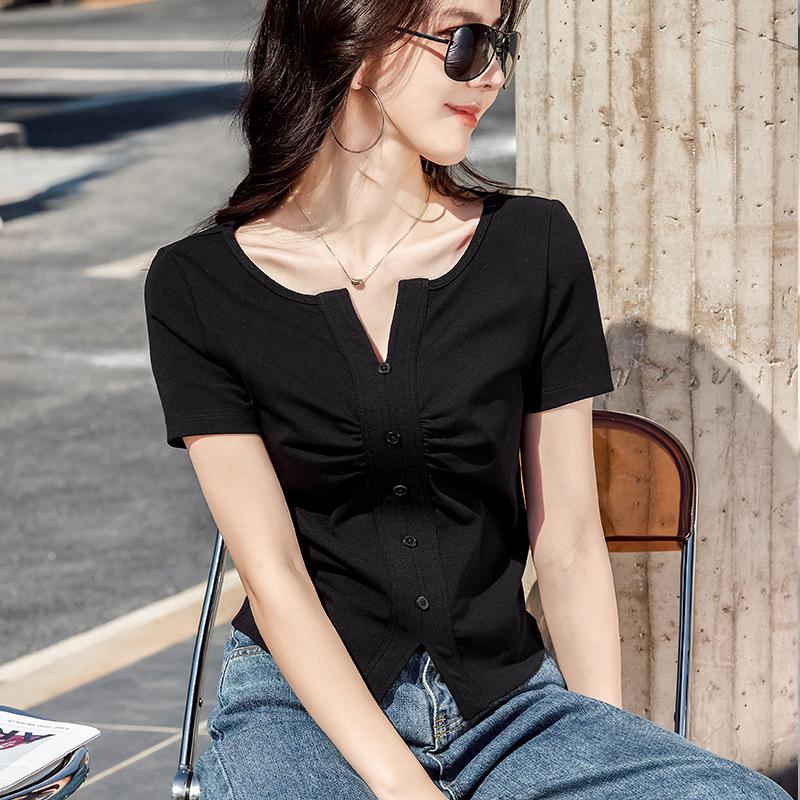 V-neck Button High-quality Pleated High-waisted Short Fashionable and Versatile Korean Style Short-sleeved Women's T-shirt Top