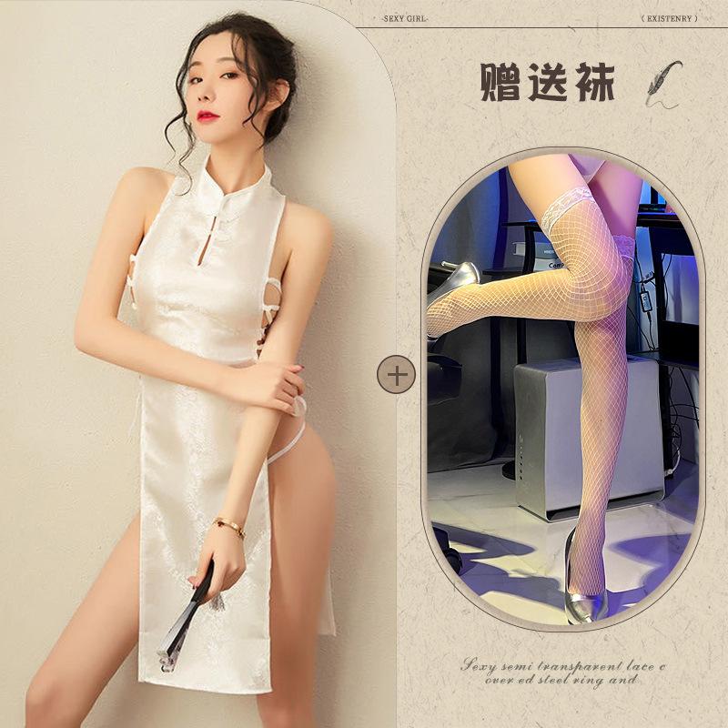 Sexy sex straps uniform temptation jacquard satin retro cheongsam unglazed brick saffron tea Shenzhou research