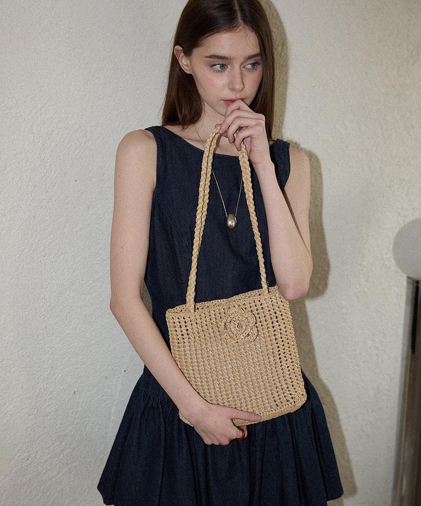 Slowslowly Camellia Handmade Crochet Raffia Shoulder Bag _ Natural Beige