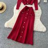 Autumn Winter Women Knitted Sweater Two Piece Set Full Sleeve V-neck Cardigans Coat and Long Midi A-line Skirt Outfits