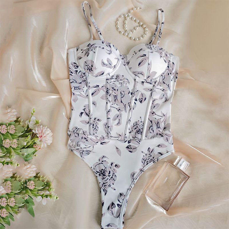 

Sexy Fishbone Corset Cross-Border Fashion Floral Vintage New Arrival Print Tops Sexy Silm Sleeveless Jumpsuit Women Light purple S