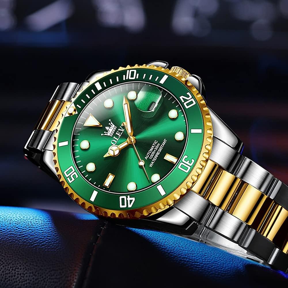 OLEVS Men's Mechanical Automatic Watch G6650 Waterproof Luminous Date Stainless Steel Green and Gold