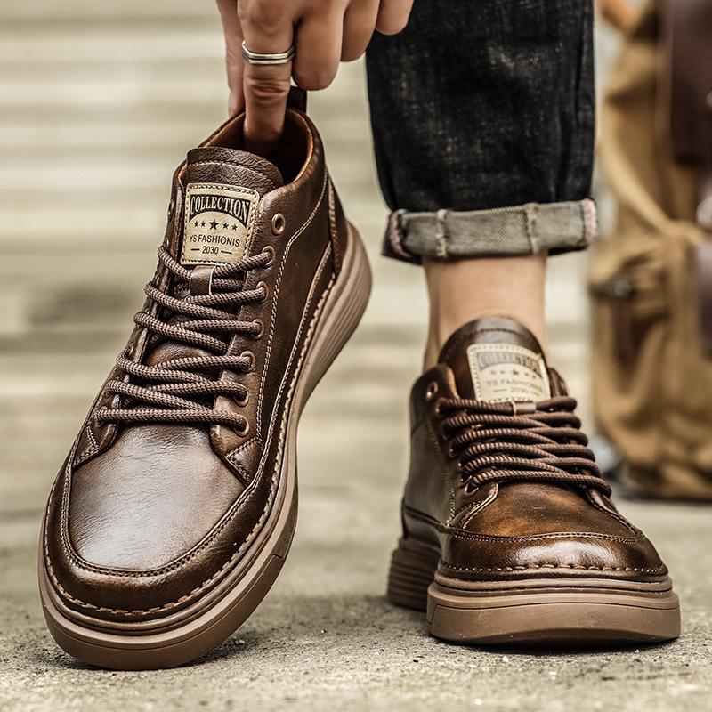 Men's Shoes Autumn and Winter High-top Brown Platform Tooling Board Shoes Men's Mid-top Casual Leather Shoes Retro Martin Short Boots