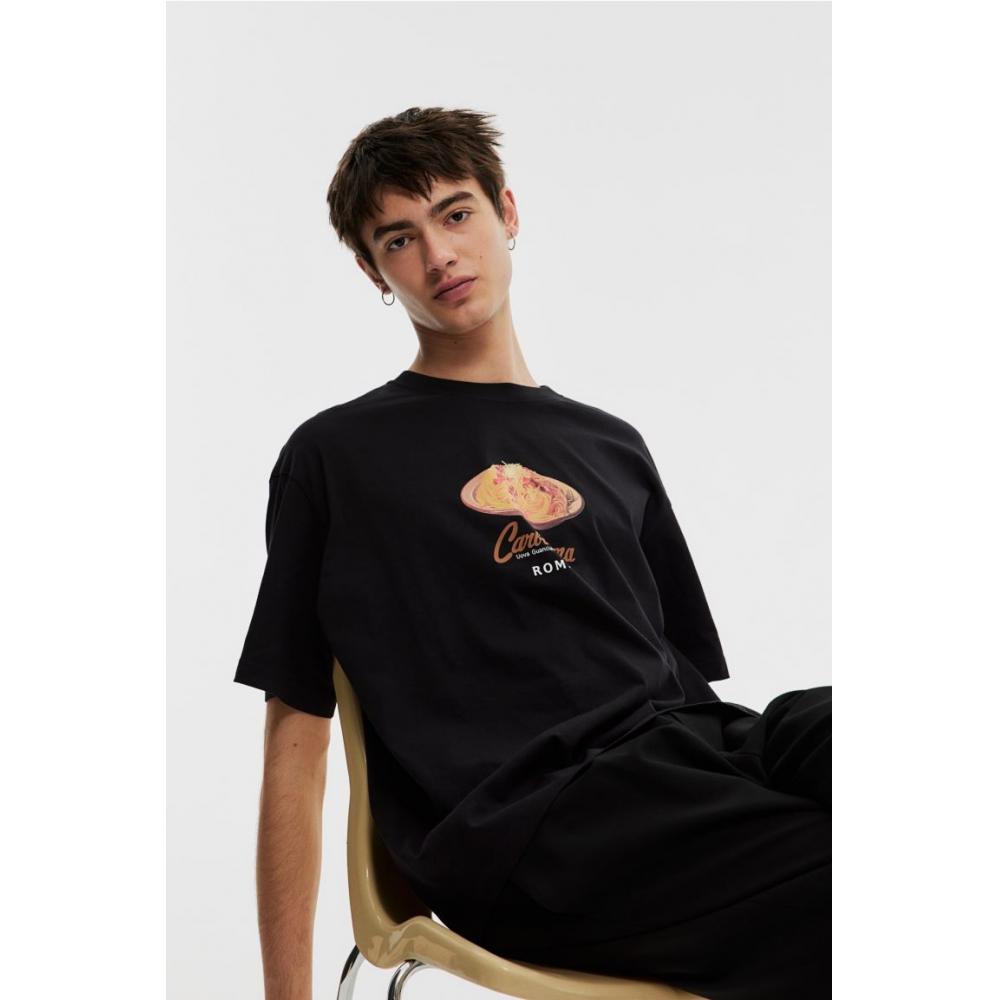 H M Loose FiT PrinTed T sHirT Black Carbonara