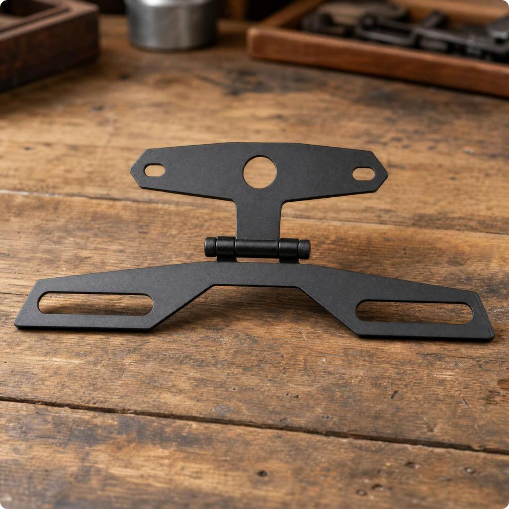 Black Iron Tag Plate Holder with Slotted Mounting Arms Foldable Folding Motorcycle Bracket