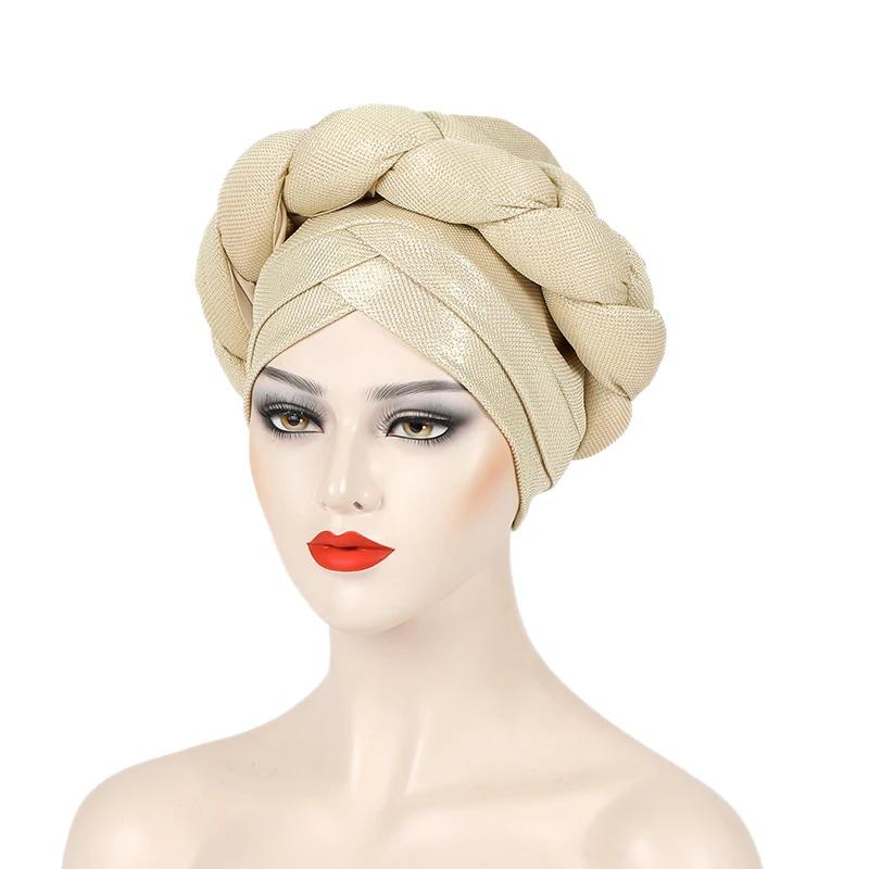 Big Braid African Female Head Wraps Bonnet Nigeria Already Made Headtie Turbante Glitter Gold Thread Fabric Turban Cap For Women