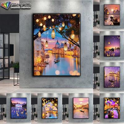 DIY 5D diamantová malba Benátky Krajina Světla Noční scéna Sada křížového stehu Kompletní vrtačka Vyšívání Mozaika Umění Obrázek kamínků Dárek