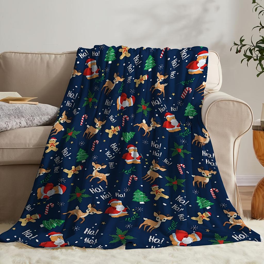 1 Christmas-themed Blanket Decorated with Santa Claus Reindeer Gingerbread Men and Candy Cane Patterns In Navy Blue