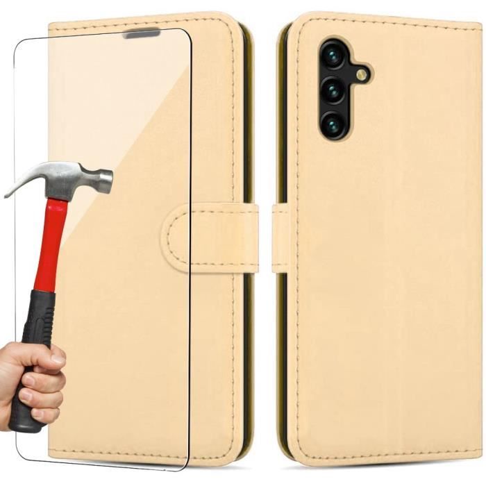 Case - Booling - for Samsung Galaxy A04s - Leather Effect - Golden - with 2 Tempered Glasses