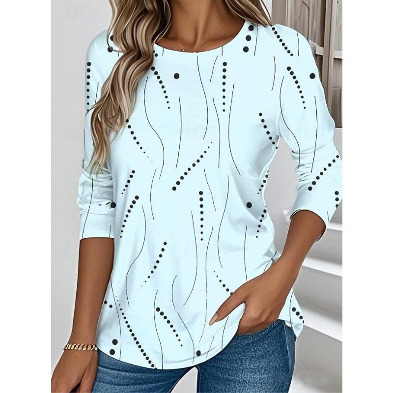 Striped Checkered Printed Pattern Women's Long Sleeved T-shirt, Winter Warm T-shirt Top, Fashionable Casual T-shirt, Must-have Top for Parties