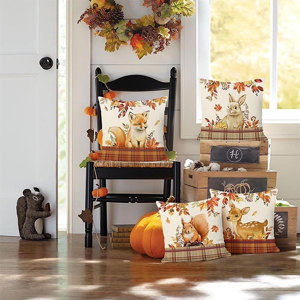 Four Autumn-Themed Animal-Printed Pillowcases: Fox, Rabbit, Squirrel, and Deer Sofa Cushion Cover, Home Room Decoration
