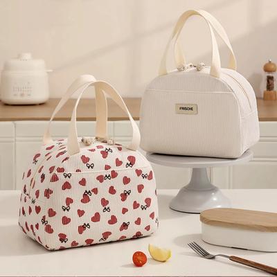 Portable Corduroy Lunch Bags Thermal Insulati Lunch Box Cute Print Women Lunch Storage Bag Picnic Bento Large Capacity Handbag