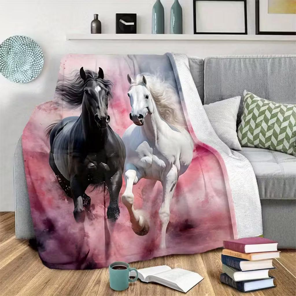 1pc Pink Blanket Love Black White Horse Printed Throw Blanket Winter Kids Couch Bed Fluffy Bedspread Birthdat Gift for Adult