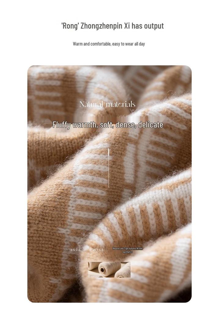 Women's Color Block V-Neck Cashmere Sweater - 2025 Autumn/Winter Korean Style Loose Slimming Pullover