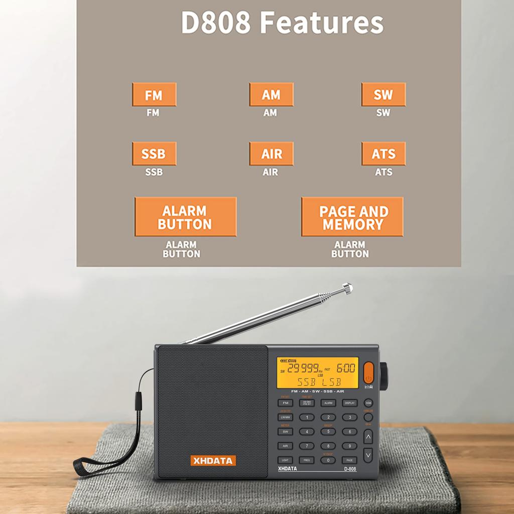 XHDATA D-808 Portable Radio, FM, AM, SW, LW, Wideband FM, Air Band, SSB, BCL, DSP, RDS, High Sensitivity, Compact, Rechargeable, Sleep Function,