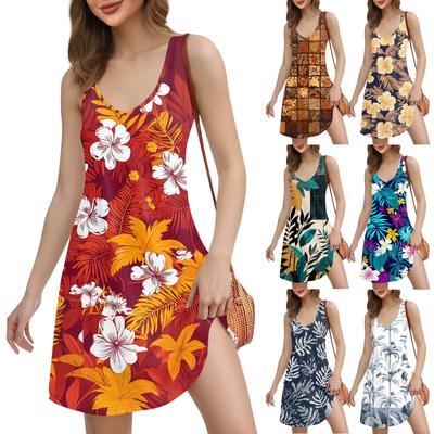 Damen Casual Print Bohemian Strandkleid mit Taschen V-Ausschnitt Tankkleid