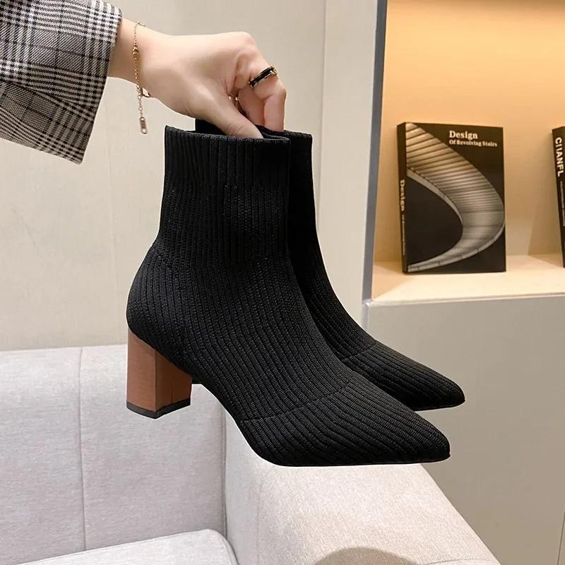 Winter Knitting Sock Boots Women Shoes High Heels Pointed Toe Ankle Boots Brand 2025 Trend New Comfort Elegant Dress Botas Mujer