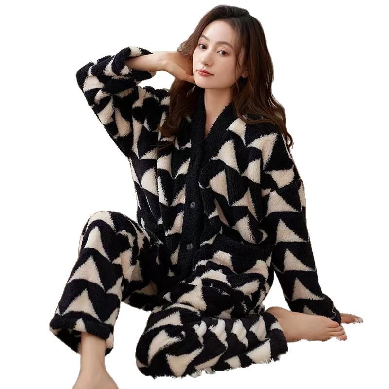 Women's Cozy Coral Fleece Pajama Set - Thick Cardigan, Long Sleeve, Printed Design for Autumn/Winter, Suitable for Outdoor Wear