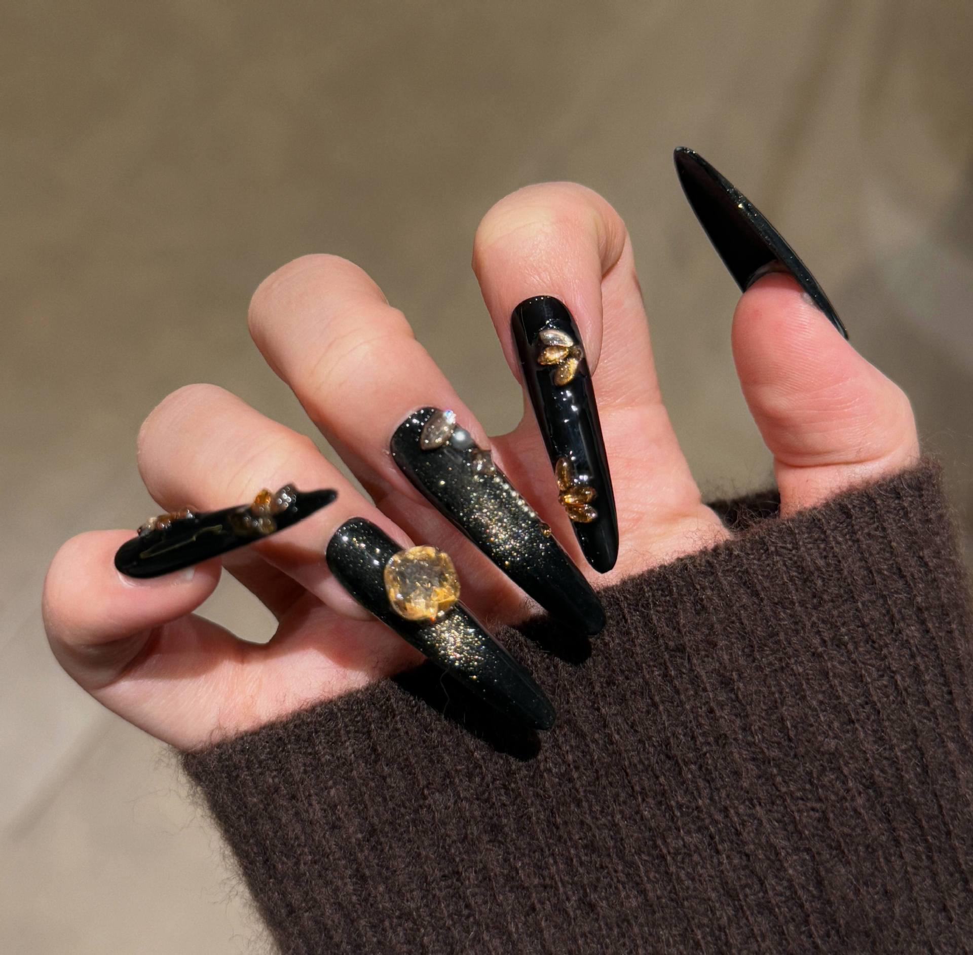 Black Cat Eye Wearable Long Thin Nail Art Stickers - Pure Handmade, Removable False Nails Bagged M