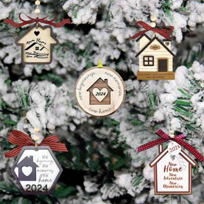 Christmas Pendant Wooden House Shape Plaid Bowknot Decor Hanging Ornament 2-Ply Wooden
