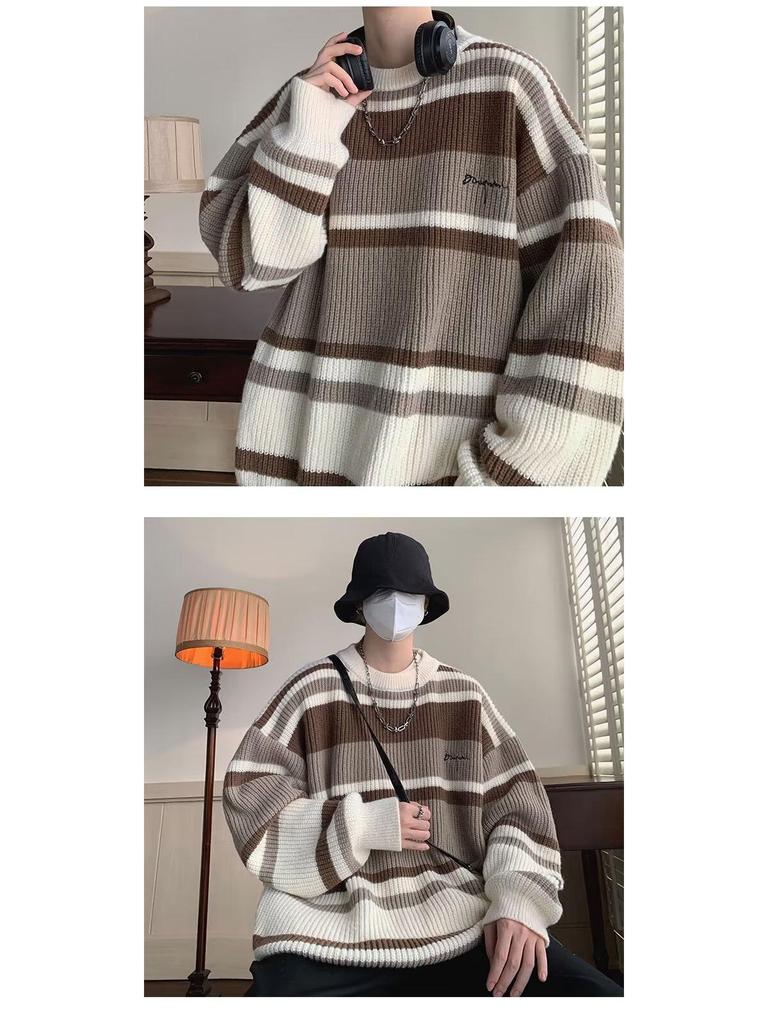Men's Japanese Retro Striped Contrast Color Thick Loose Knitted Sweater Jacket for Autumn and Winter